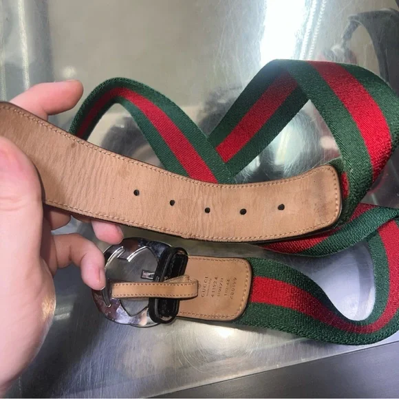 Gucci Green and Red Web Belt with Silver Buckle